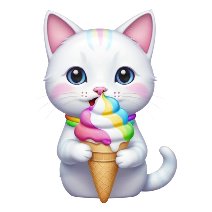 A cute white cat licking a colorful. Ice cream  sticker