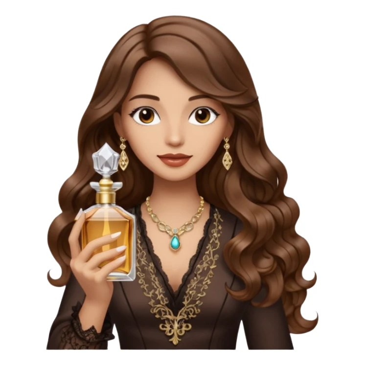 Half body pretty long hair woman holding 1 parfume sticker