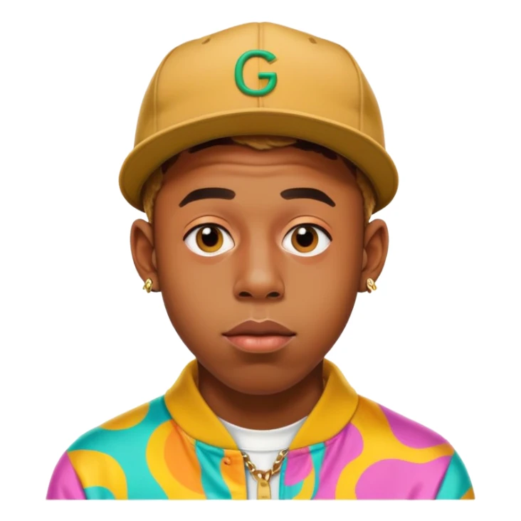 Tyler the Creator with his iconic look, wearing a colorful outfit sticker