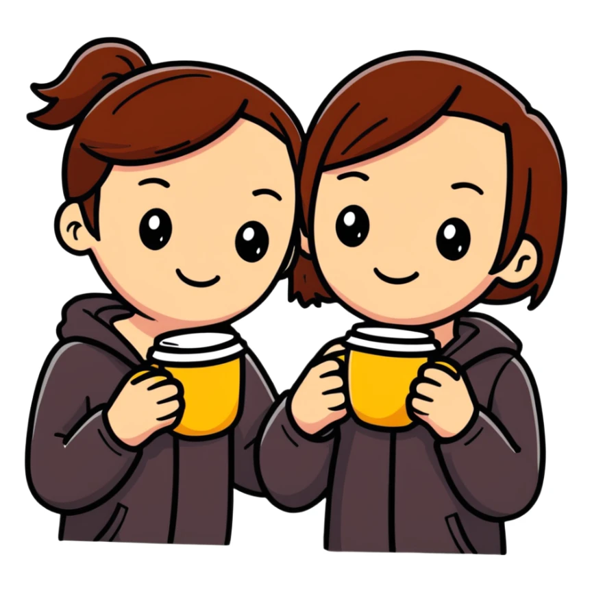Two girls smiling, holding one coffee cup together sticker