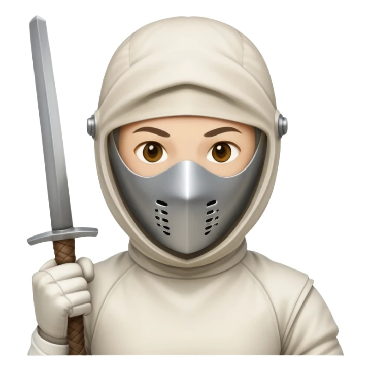 fencer in defensive stance, mask visible sticker