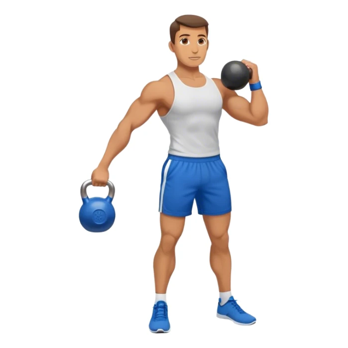 fit man with blue shorts holding kettlebell sticker