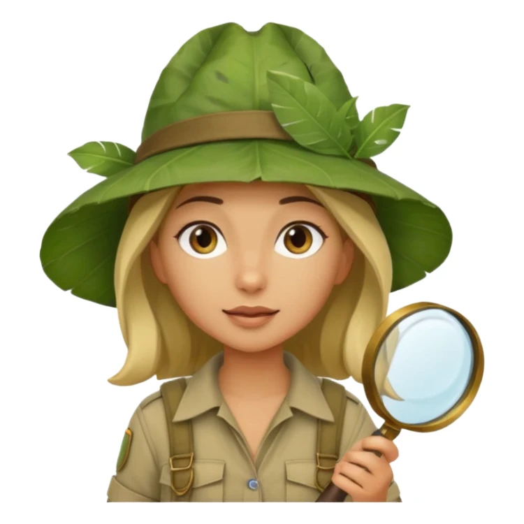 a young female explorer with jungle wearing a large leaf headgear bye and magnificer glass sticker