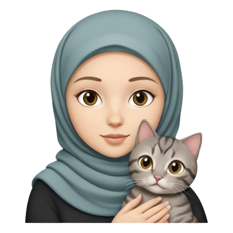 White girl wearing hijab holding a black grey tabby cat sticker