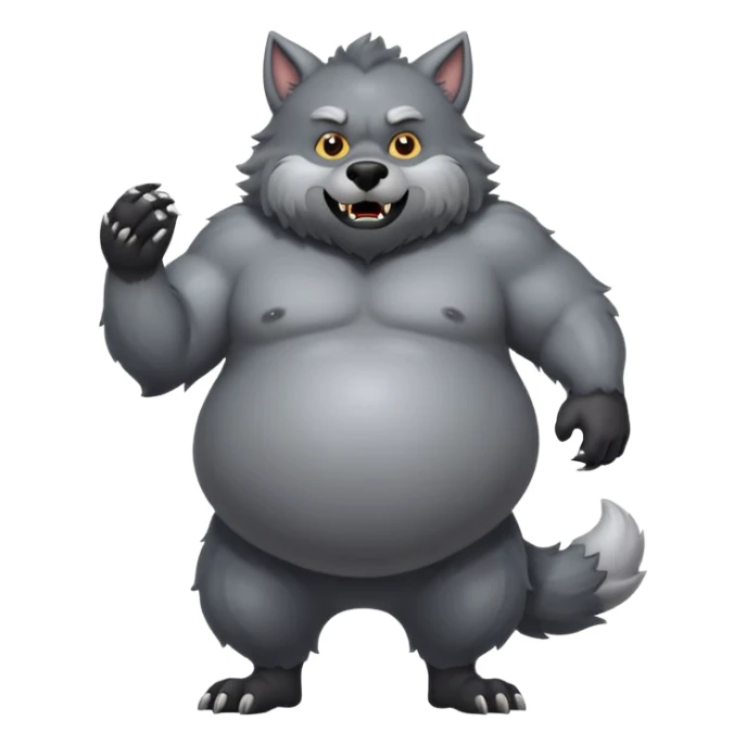 A gray werewolf with his belly inflated, big and round like a balloon sticker
