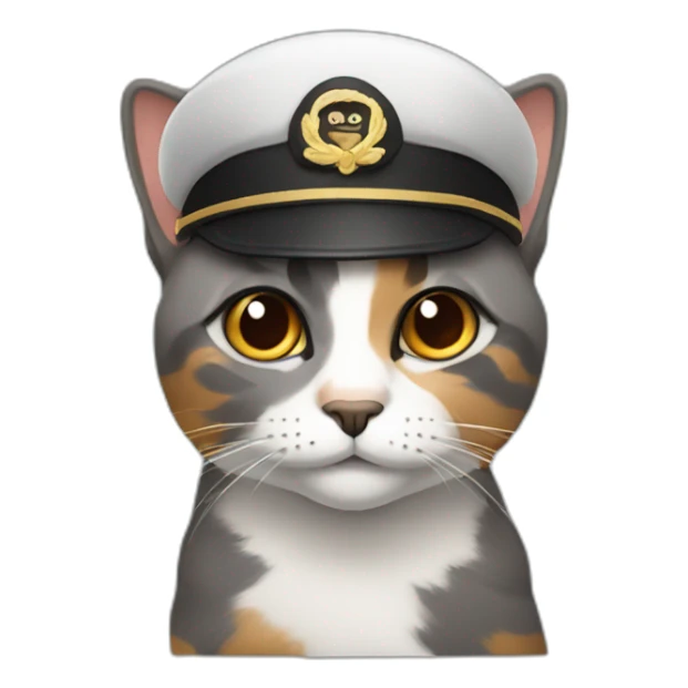 grey and brown calico cat wearing a pilot hat sticker