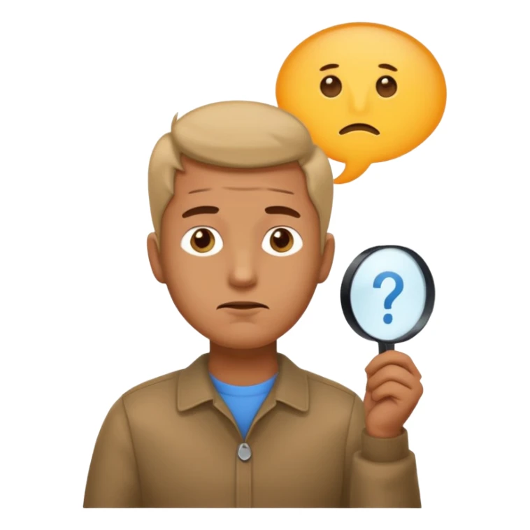 Realistic emoji-style man in simple everyday clothes, looking thoughtful and analytical. A thought bubble above his head shows a critical-thinking icon (question mark + magnifying glass). Soft lighting, expressive critical facial expression. sticker