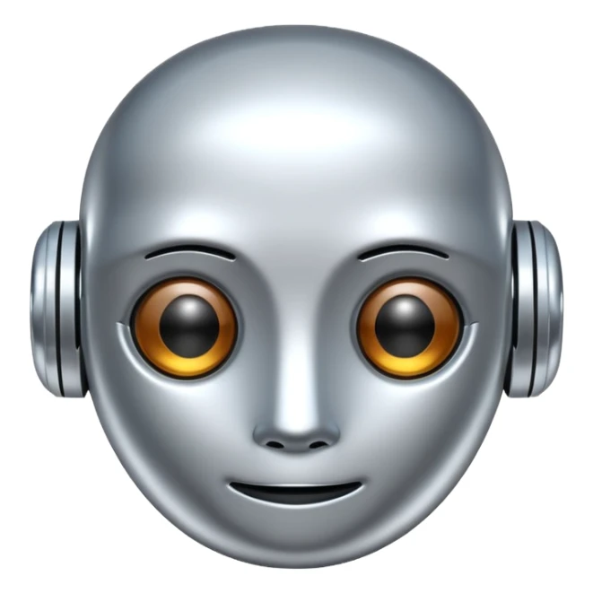 A cute futuristic robot emoji made of silver chrome, rounded friendly body, minimal facial features, glossy metallic surface, soft reflections, iOS emoji style, centered, clean white background sticker