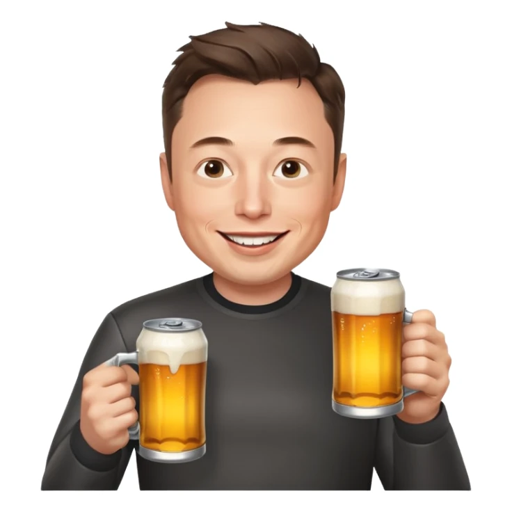 Elon Musk smiling with a beer can sticker