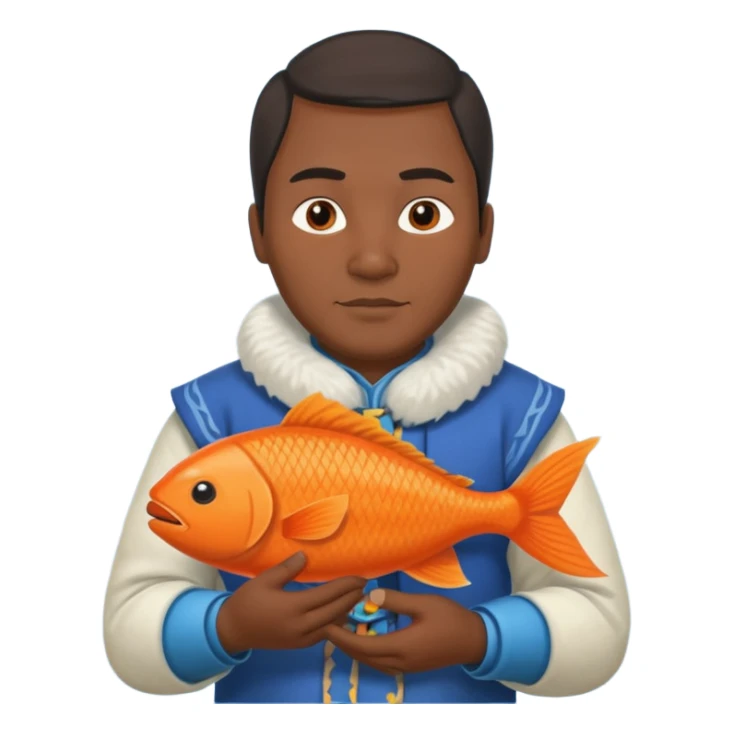 inuit man with traditional clothes and orange fish sticker