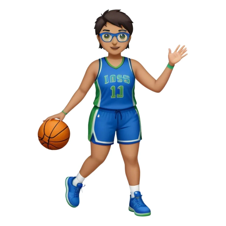 Full Body plus size white female basketball player with short dark hair with highlights spike hair wearing blue glasses  wearing blue green uniform smiling sticker