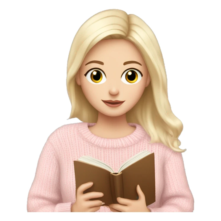 Pretty blue eyed white girl with light pink sweater reading cozy sticker