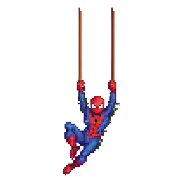 Spiderman swinging through the city, pixel art style sticker