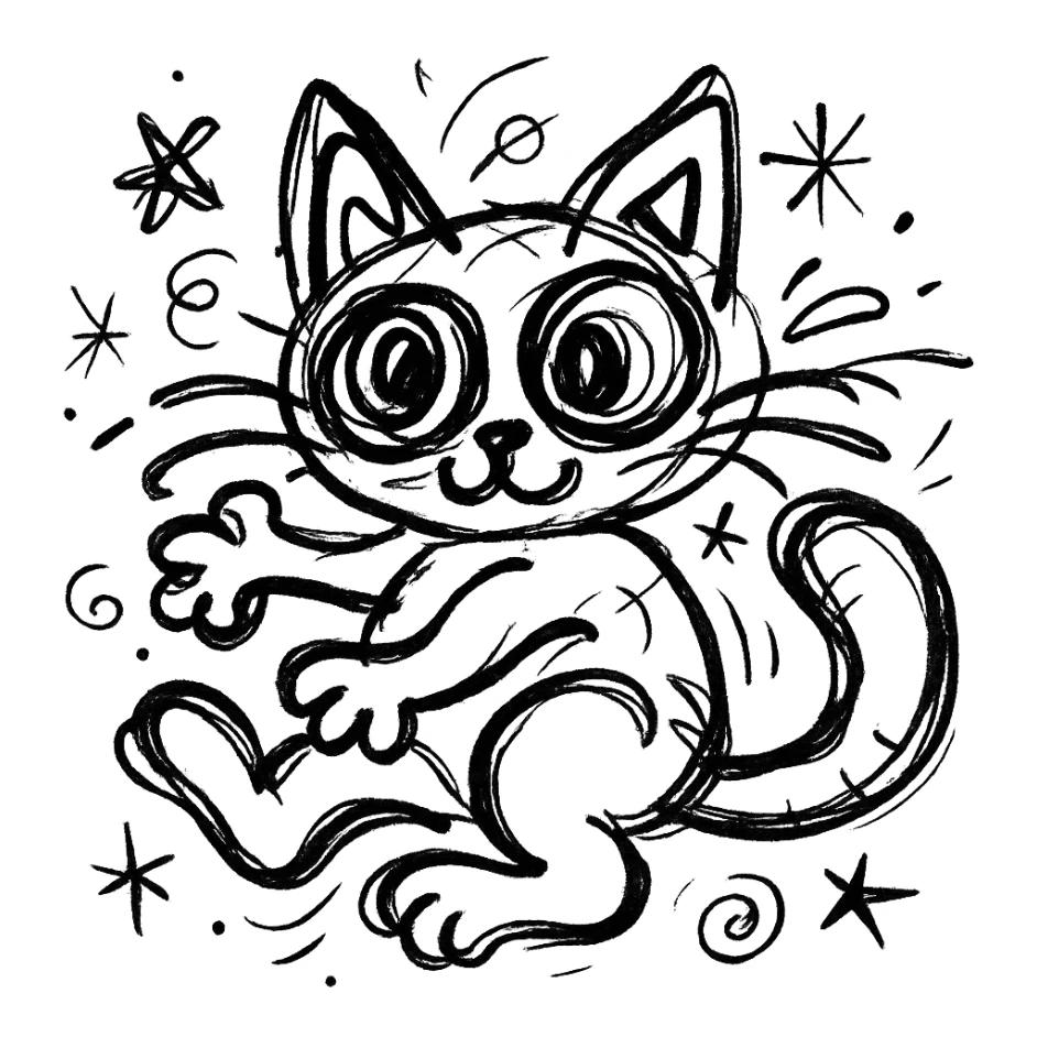 chaotic outlined icon of a cute cat with big eyes and a playful pose sticker