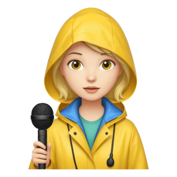womanwith rain coat and microphone sticker