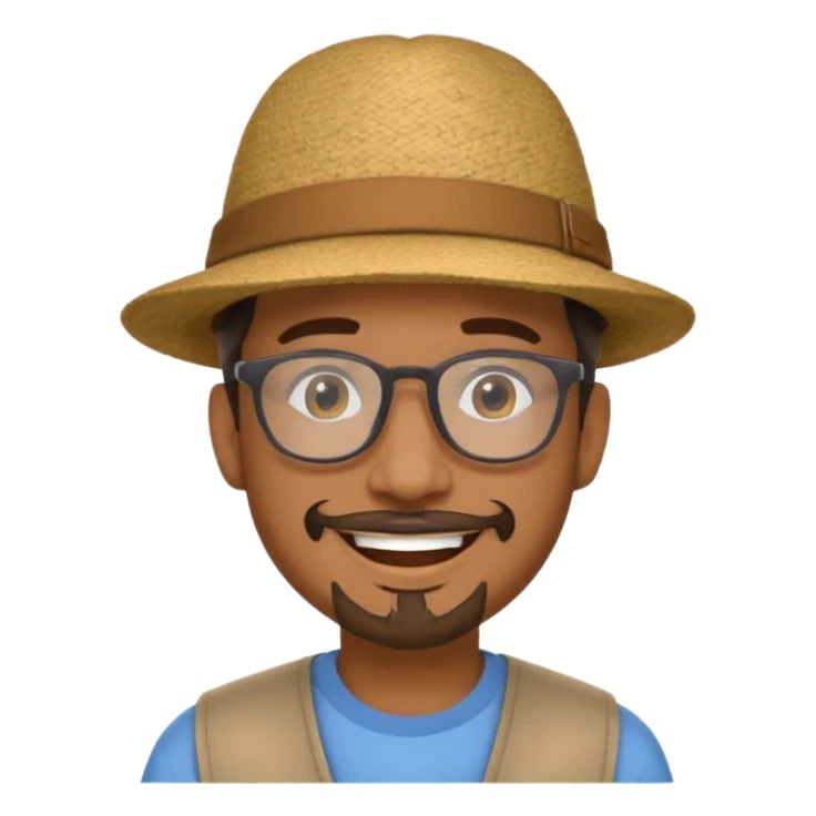 Brown man smiling no teeth showing with hat, clear glasses and goatee sticker