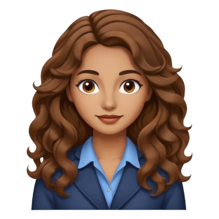 She has long, brown hair styled in soft wavy curls with a middle part. She has well-shaped eyebrows and dark brown eyes. She is wearing light makeup that highlights her natural beauty and is offering a slight smile to the camera.  sticker