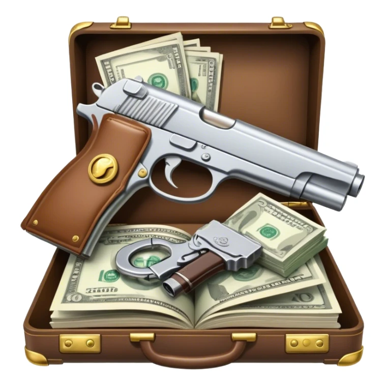 Icon for Action & Crime Reading: an open book with action-packed scenes, featuring a gun, handcuffs, a detective's badge and a briefcase with money. The icon should capture the tension and excitement of crime and action stories. Transparent background. sticker