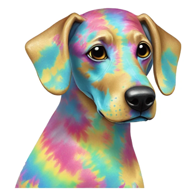 Multicolored rainbow retro groovy tie dye hippie trippy floral patterns on a metallic holographic iridescent blue dog face head unicorn sticker
