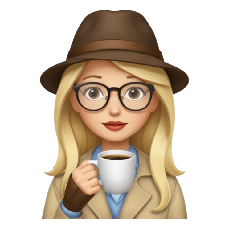 long hair blonde woman drink coffe with hat and glasses sticker