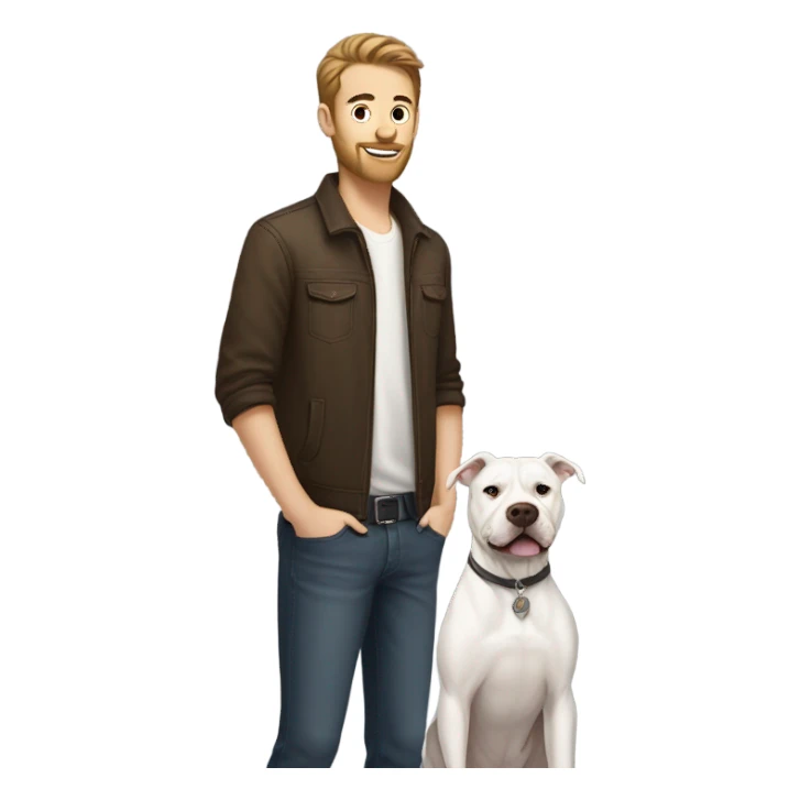 white male with dark brown hair and a lightly scruffy beard shadow standing alongside a white pitbull sticker