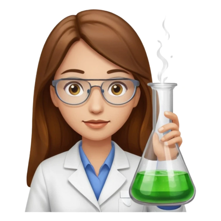 Crie emojis de uma mulher de cabelos longos castanhos farmacêutica mexendo com becker sticker