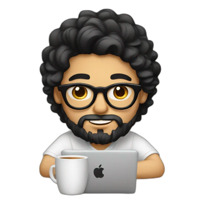Designer with black hair, beard and glasses working with MacBook and drinking cappuccino  sticker
