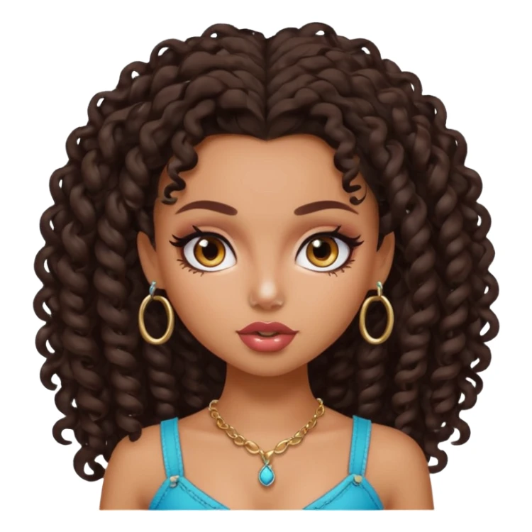 pretty bratz baddie, dark brown curly head, tan skin, nose piercing sticker