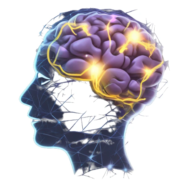 An image of a human head with a glowing brain, surrounded by abstract shapes and light trails, symbolizing thought and intellect sticker