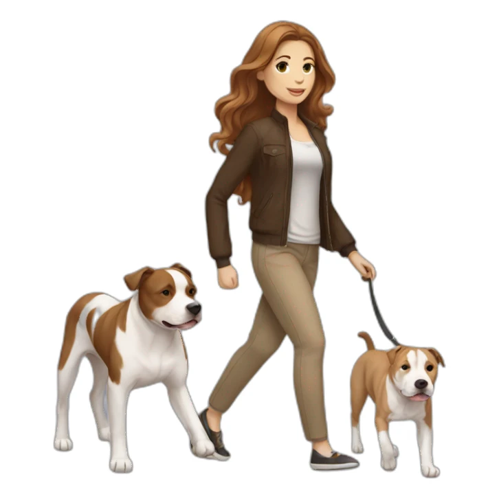 White woman with long wavy brown hair walking tan and white pitbull sticker