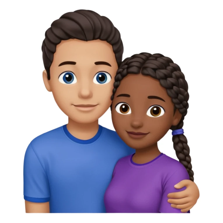 Boyfriend who is medium tan olive skinned with blue eyes and wavy straight brown hair in a blue shirt and his girlfriend who is dark skinned, juicy lipped with black braided hair and the two are hugging and smiling she’s wearing purple and she has black eyes sticker