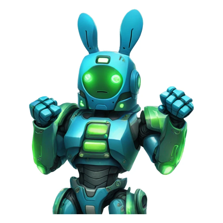 a blue and green robot rabbit has a fist in the air, cyberpunk sticker