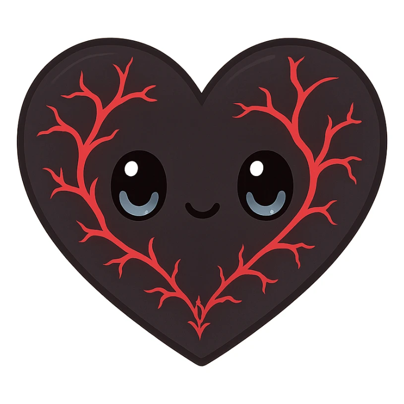black gothic heart with glowing red veins, ornate, dark, elegant, kawaii style sticker