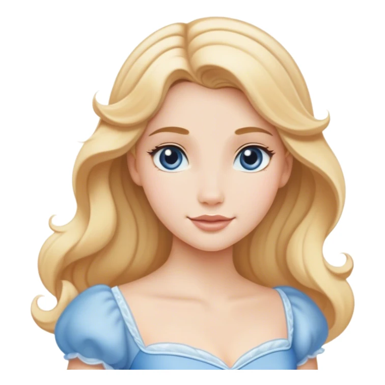 Cinematic Serene Cinderella Portrait Emoji, rendered in a realistic, vector-style with minimal shading. Depict a gentle Cinderella (chest and above) with porcelain skin, smooth blonde hair falling in soft waves, and calm, inviting eyes. Dressed in her modest daytime dress, she exudes quiet grace and pure enchantment, highlighted by a soft glowing outline. sticker