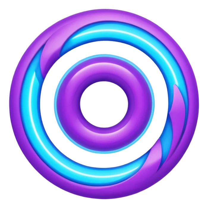 Futuristic retry symbol for a game: glowing circular energy ring with a rotating neon core, vibrant blue and violet Virtuosa colors, smooth soft shapes like a friendly floating orb, dynamic swirl effect suggesting a restart. Playful, modern, high-tech. No text. Full background.
 sticker