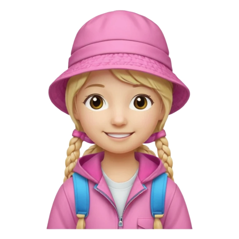 Little student, long braid blonde, wears pink bucket hat and jacket, backpack, happy sticker