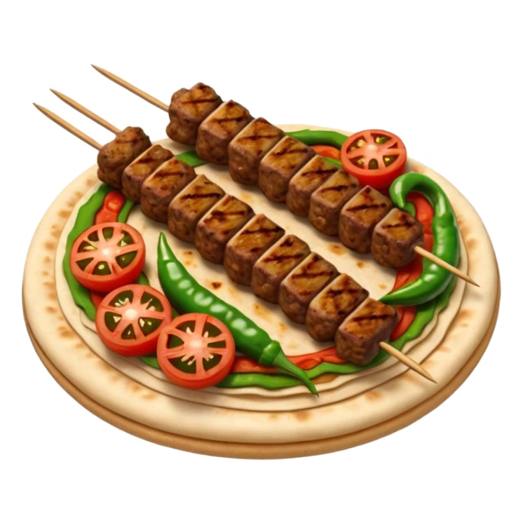 Adana kebab object icon, spicy grilled minced meat skewer, served on flatbread, grilled tomatoes and green peppers on the side, smoky char marks, juicy texture, 3D cartoon, mobile game icon style, centered, clean background, no text, no watermark
 sticker