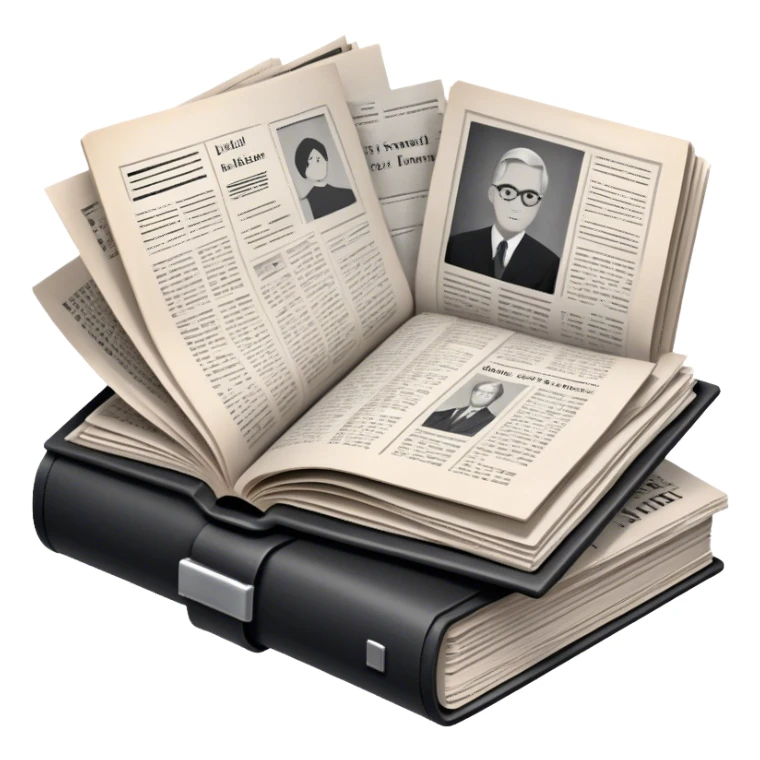Icon for Non-Fiction & Narrative Reading: an open book with black-and-white photos on the pages, surrounded by a pile of newspaper clippings, and an open folder with top-secret documents. The icon should reflect the blend of real stories and facts in non-fiction literature. Transparent background. sticker