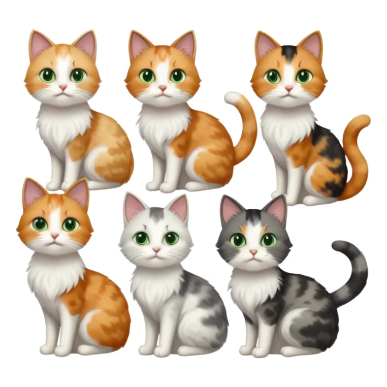 6 realistic looking cats with different natural coloured coats, assorted grey and white, greys, calico colours etc
 sticker