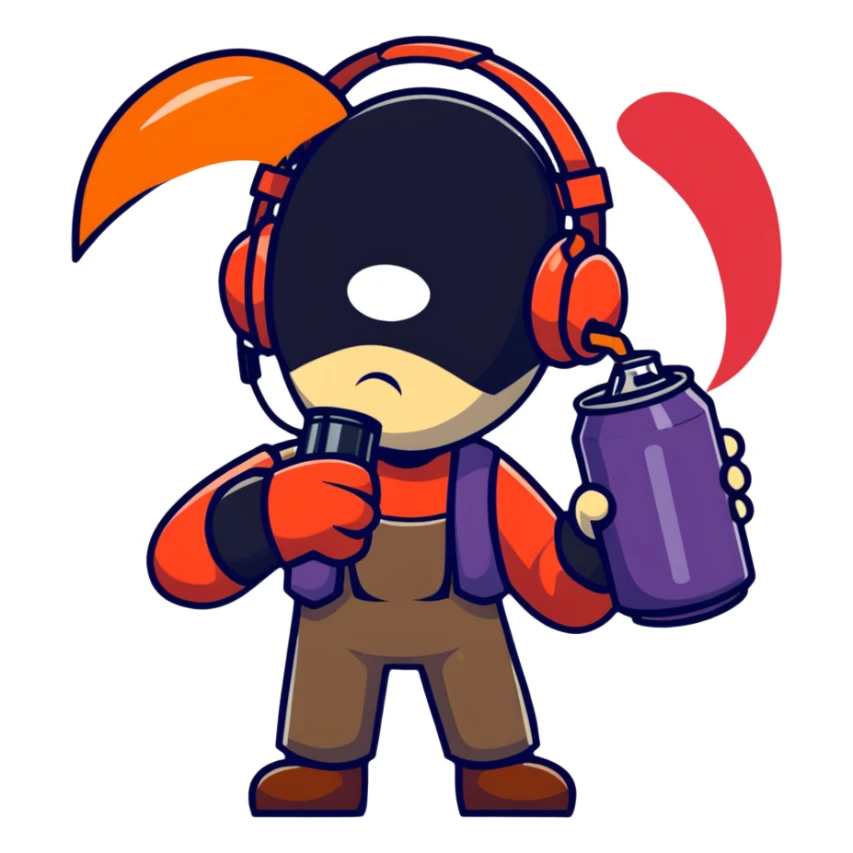 Team Fortress 2 Scout holding BONK! Atomic Punch can, accurate game appearance, canonical uniform and headset sticker
