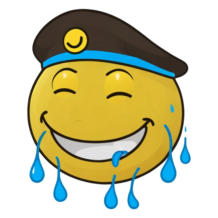 laughing yellow smiley face with tears in a hat sticker