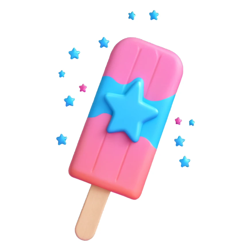 3D iOS style popsicle with blue and pink colors, star decorations, and a melting effect sticker