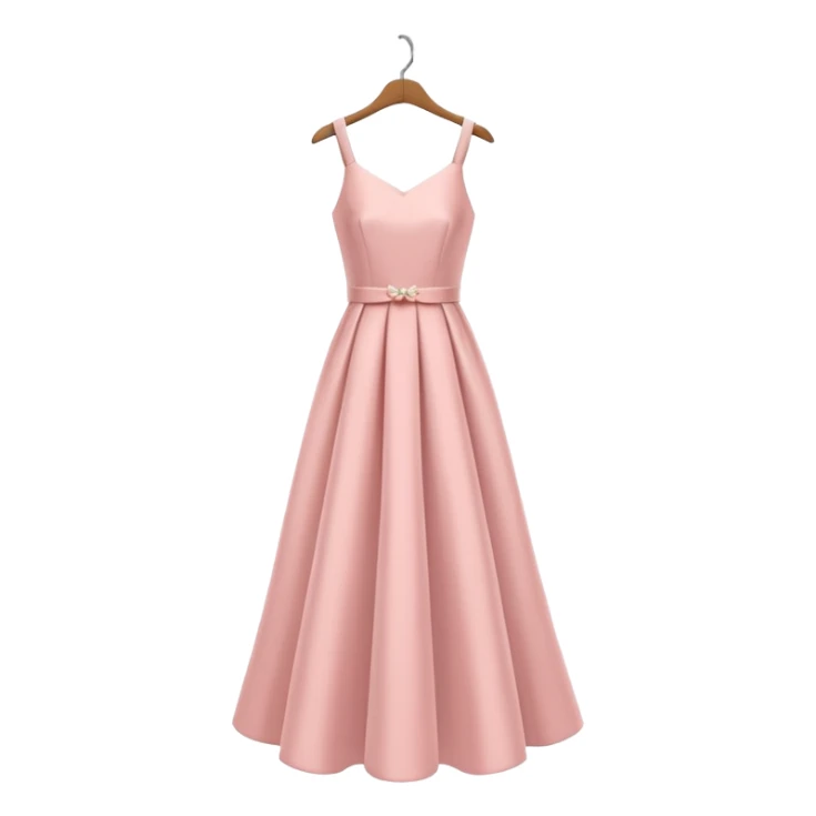 A 3D cartoon long elegant dress neatly displayed on a hanger, soft lighting, smooth fabric texture, Memoji-style rendering. sticker