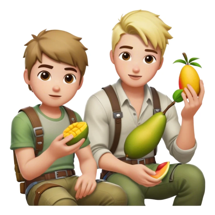 Joseph playing Fortnite and Bryce sitting beside him eating mango sticker