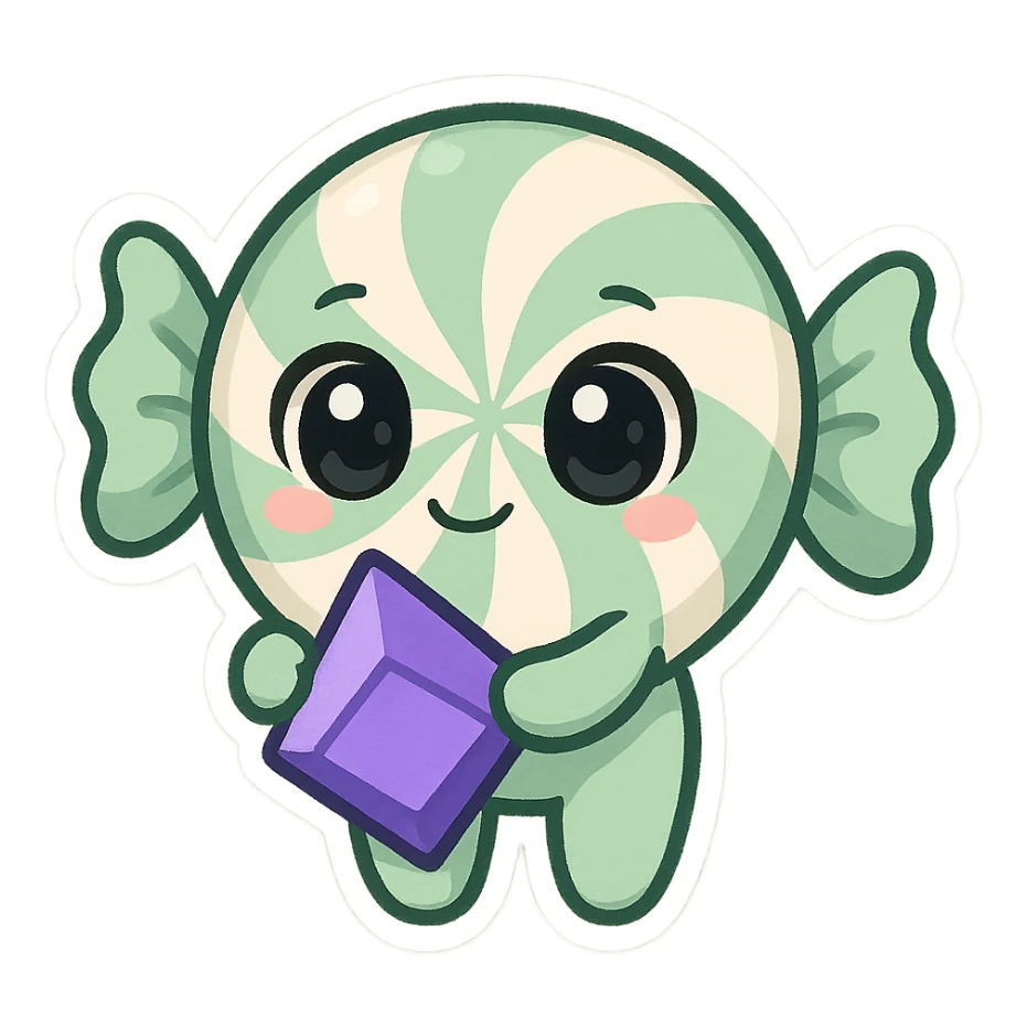 spearmint candy with big eyes holding a Twitch bit, chibi style sticker
