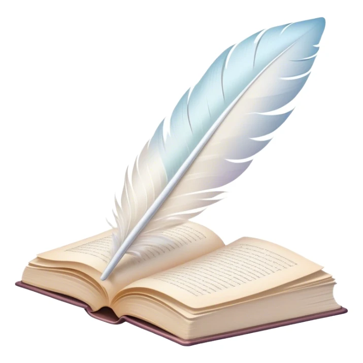 Create a delicate and poetic emoji representing poetry. The design should feature several elegantly flying pages with short poetic columns written on them. The pages should appear light and flowing, almost as if being carried by the wind. Include a white feather gently resting on the pages, symbolizing creativity and inspiration. Use soft, pastel tones like light creams to give it a dreamy, artistic feel. The design should feel ethereal and whimsical, capturing the essence of poetry. Make the background transparent. sticker