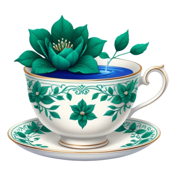 A delicate teacup with an intricate vintage emerald green floral design, set beside a love letter with deep blue ink. sticker