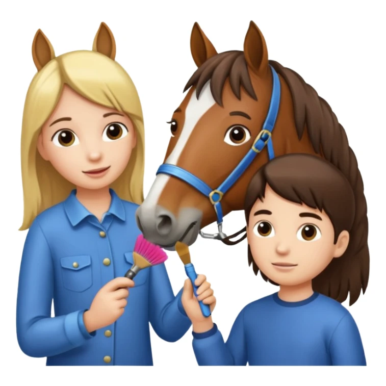 two children grooming a horse] sticker