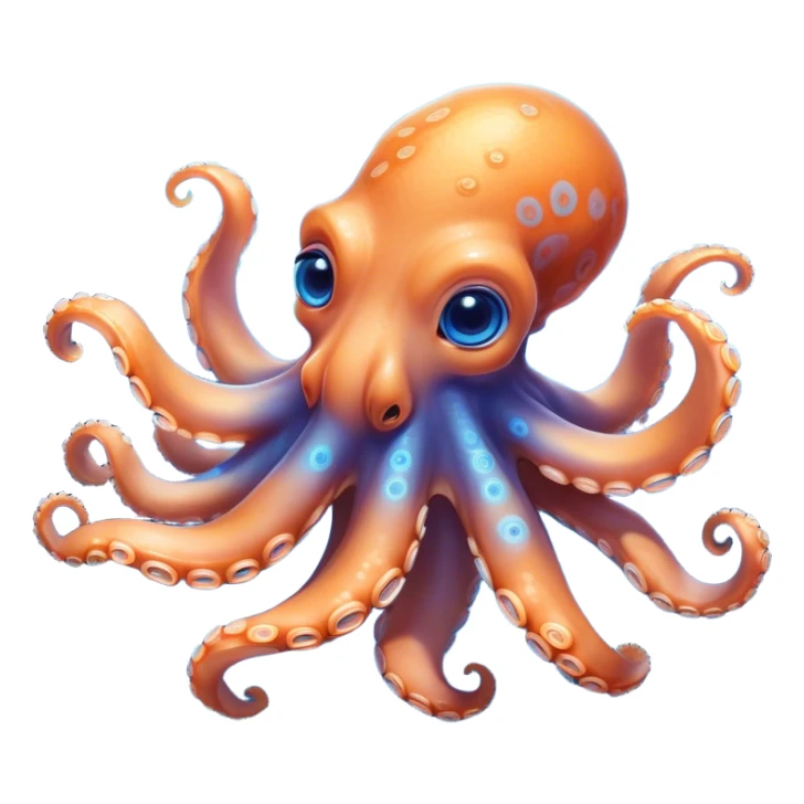 Cinematic Cute Octopus Portrait Emoji, Head tilted playfully and inquisitively, featuring a rounded, light orange body embellished with playful blue rings, eight adorably curling arms, and big, twinkling eyes full of wonder, Simplified yet irresistibly adorable features, highly detailed, glowing with a warm, inviting underwater glow, high shine, affectionate and lively, stylized with a touch of whimsical cartoon charm, soft glowing outline, capturing the essence of a mischievous yet loving octopus that seems as if it could bob out of the screen into your arms! sticker
