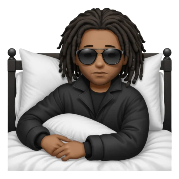 African American man with shoulder length black dreadlocks wearing black sunglasses with black bubble winter coat sleeping in bed sticker